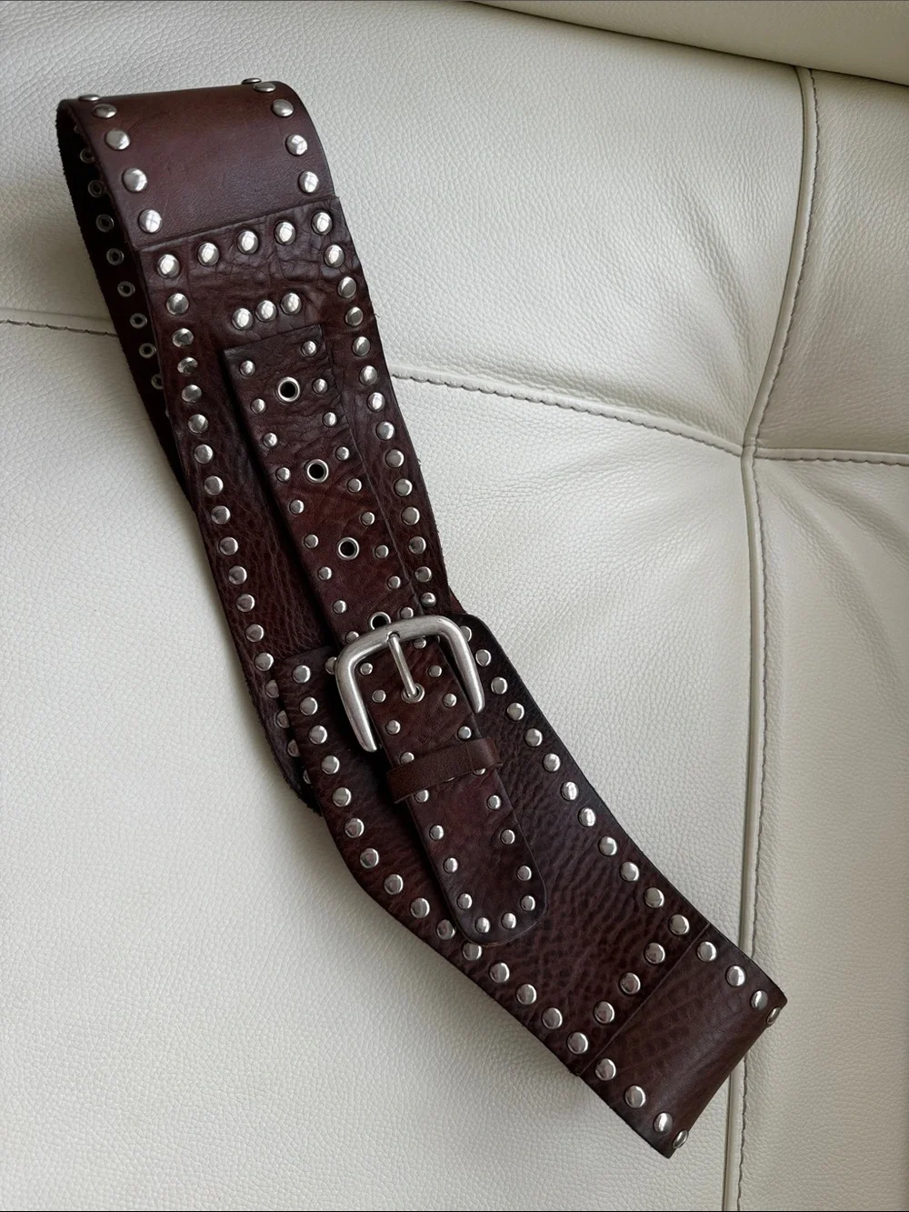 Zara Dark Brown Studded Wide Leather Belt with Silver Hardware